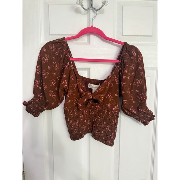 saltwater LUXE Tops - Saltwater Luxe Brown Pink Floral Smocked Puff Sleeve Crop Top Tie Front Medium